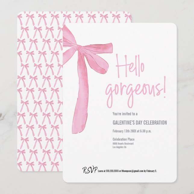 Hello Gorgeous Galentine's Day Pink Ribbon Bow Invitation (Front/Back)