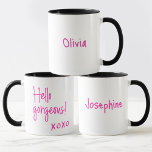Hello gorgeous Galentine's Day XOXO Personalized Mug<br><div class="desc">Make your Galentine's Day celebration extra special with the "Hello Gorgeous" Galentine's Day XOXO Personalized Mug. This mug is not just a piece of drinkware; it's a personalized and stylish way to celebrate the beauty of friendship and sisterhood. Featuring a charming "Hello Gorgeous" design with XOXO accents, this personalized mug...</div>