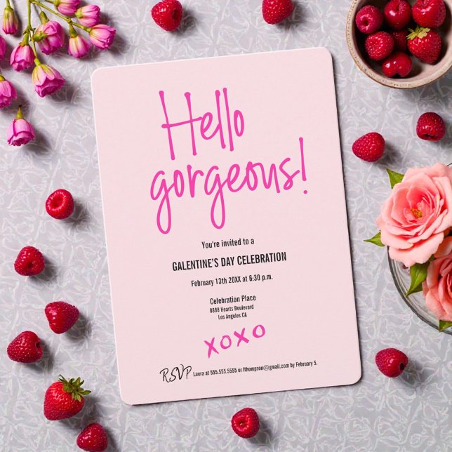Hello gorgeous Galentine's Day xoxo pink custom Invitation (Hello Gorgeous! XOXO Galentine's day party invitation in pink and hot pink. Customizable fields.)