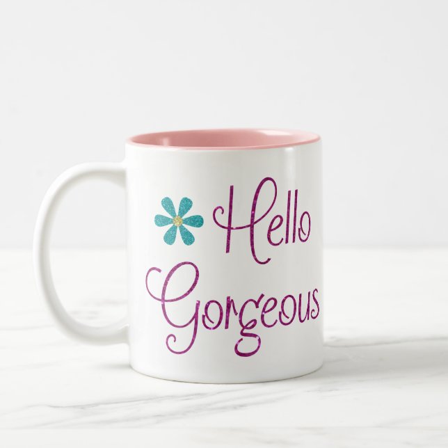 Hello Gorgeous Girly Cute Glitter Custom Two-Tone Coffee Mug (Left)