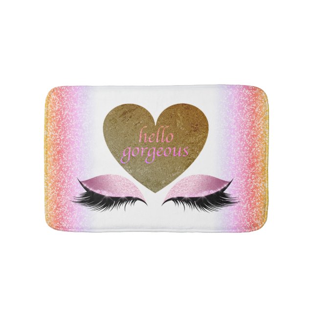 Hello Gorgeous Glam Makeup Eyelashes Gold Heart Bathroom Mat (Front)