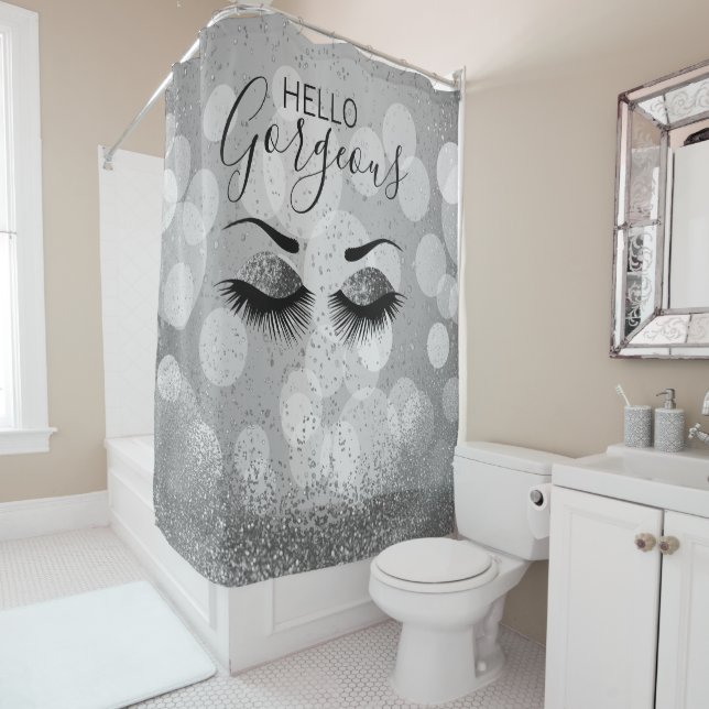 Hello Gorgeous - Glamourous Eyelashes - Silver  Shower Curtain (In Situ)