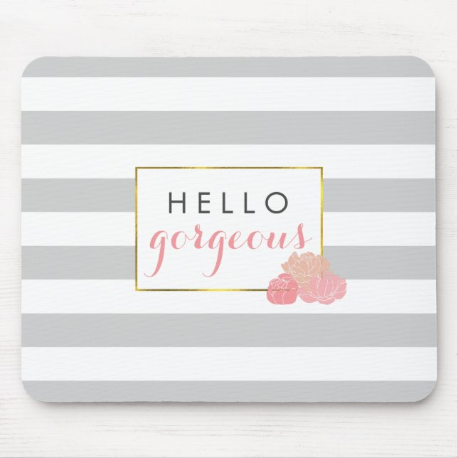 Hello Gorgeous | Grey Stripe & Blush Peony Mouse Pad (Front)