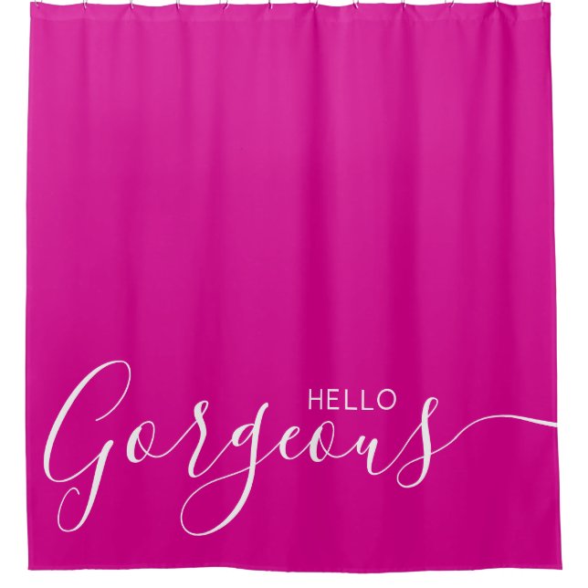 Hello Gorgeous Hot Pink White Modern Shower Curtain (Front)