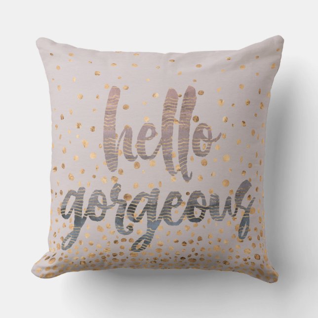 Hello Gorgeous Lilac Periwinkle Rose Gold Confetti Throw Pillow (Front)