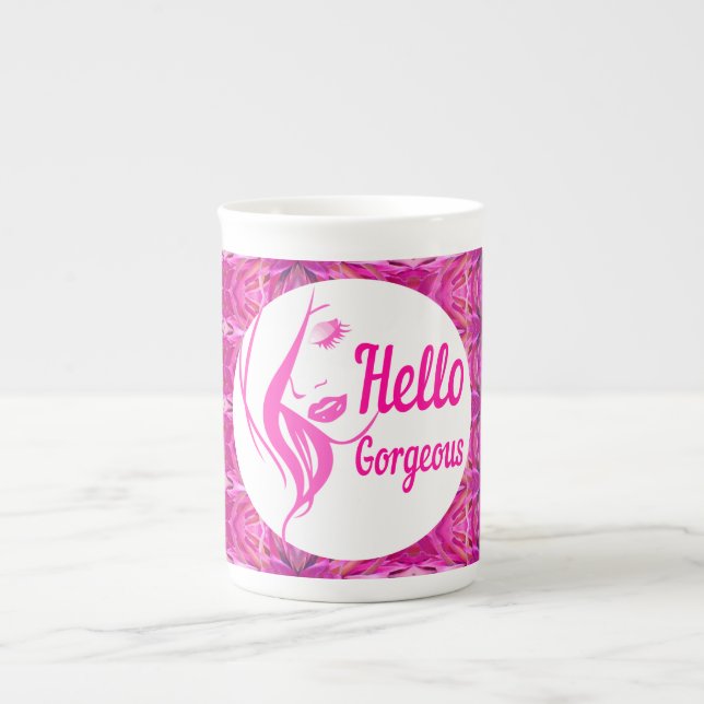 Hello Gorgeous Lovely Lady Face Drawing Typography Bone China Mug (Front)