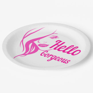 Hello Gorgeous Lovely Lady Face Drawing Typography Paper Plates