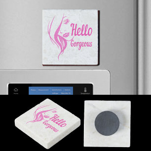 Hello Gorgeous Lovely Lady Face Drawing Typography Stone Magnet