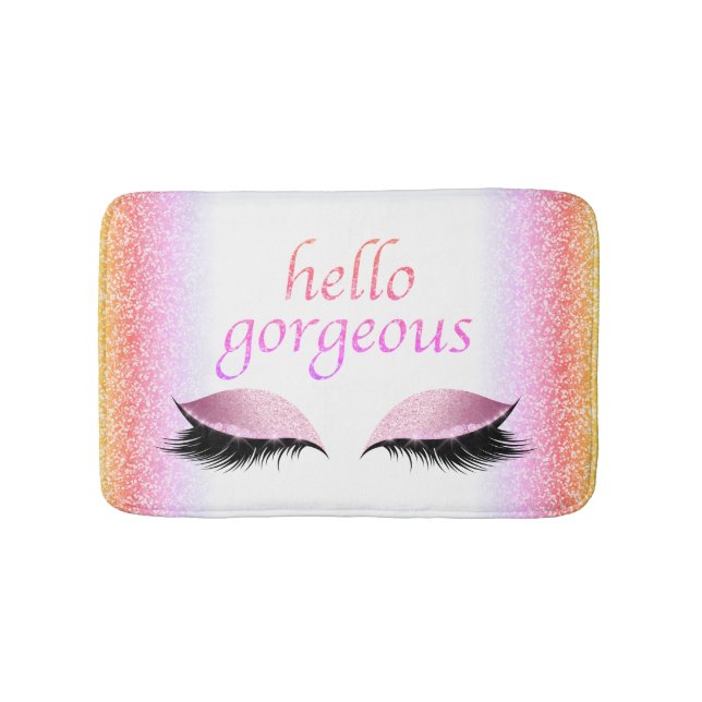 Hello Gorgeous Makeup Eyelashes Pink Glitter Girly Bathroom Mat (Front)