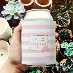 Hello Gorgeous Pink Stripe &amp; Blush Peony Can Cooler