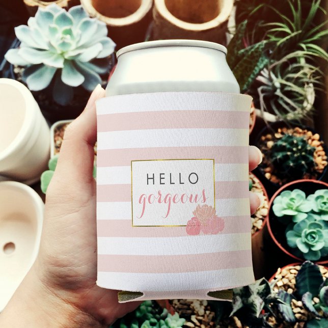 Hello Gorgeous Pink Stripe & Blush Peony Can Cooler (Creator Uploaded)