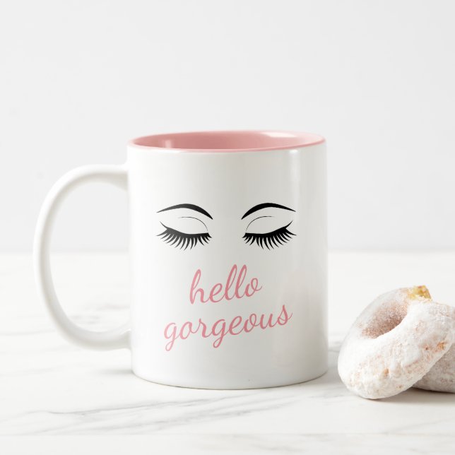 Hello Gorgeous & Pretty Eyelashes Two-Tone Coffee Mug (With Donut)