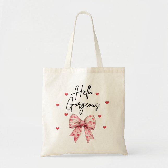 Hello Gorgeous, Red Bow with Hearts Tote Bag (Front)
