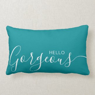 Hello Gorgeous Teal White Minimalist Lumbar Pillow