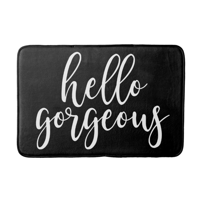 Hello Gorgeous White Script Bathroom Mat (Front)