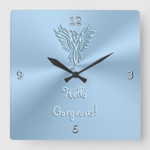 Hello Gorgeous with Ice Blue Rising Phoenix Emblem Square Wall Clock