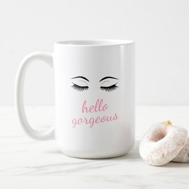 Hello Gorgeous with Pretty Eyelashes Glamorous Coffee Mug (With Donut)