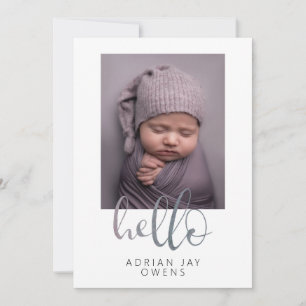 Hello Gray Script Watercolor Photo Collage Baby Announcement