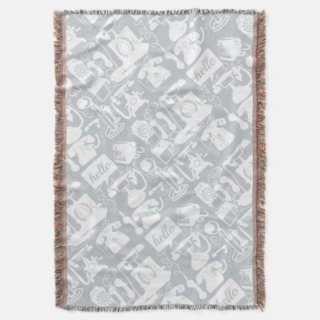 Hello Gray White Vintage Telephone Pattern Throw Blanket (Front Vertical)