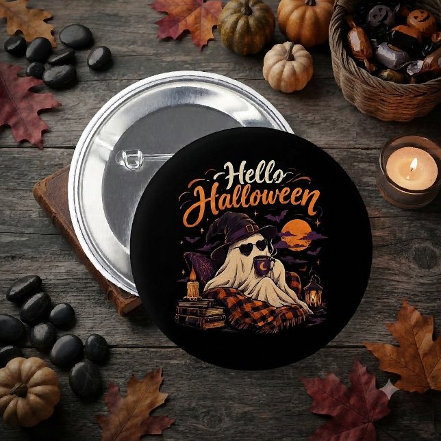 Hello Halloween Cute Ghost Drinking Coffee  Button (Creator Uploaded)