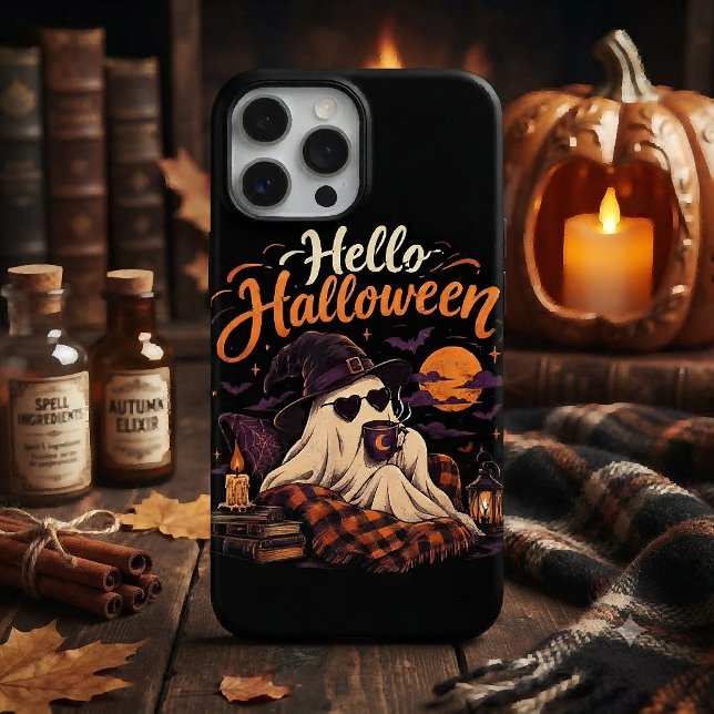 Hello Halloween Cute Ghost Drinking Coffee Case-Mate iPhone Case (Creator Uploaded)