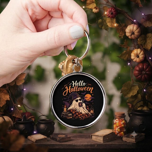 Hello Halloween Cute Ghost Drinking Coffee Keychain (Creator Uploaded)