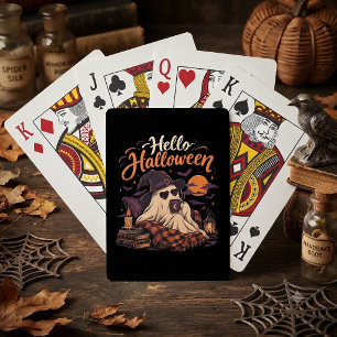 Hello Halloween Cute Ghost Drinking Coffee Poker Cards
