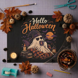 Hello Halloween Cute Ghost Drinking Coffee Tissue Paper
