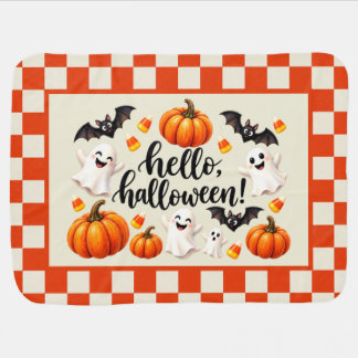 Hello Halloween Ghosts Bats Pumpkins Checkered Fle Baby Blanket