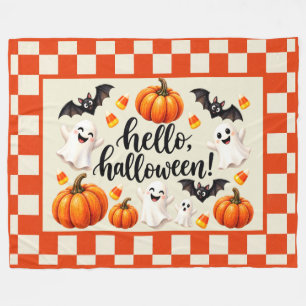 Hello Halloween Ghosts Bats Pumpkins Checkered Fle Fleece Blanket