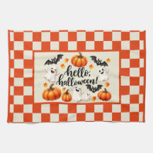 Hello Halloween Ghosts Bats Pumpkins Checkered Fle