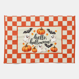 Hello Halloween Ghosts Bats Pumpkins Checkered Fle Kitchen Towel