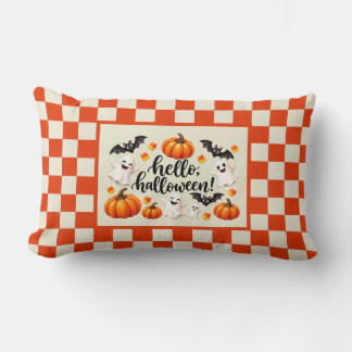 Hello Halloween Ghosts Bats Pumpkins Checkered Fle Lumbar Pillow