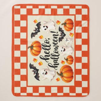 Hello Halloween Ghosts Bats Pumpkins Checkered Fle Sherpa Blanket