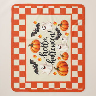 Hello Halloween Ghosts Bats Pumpkins Checkered Fle Sherpa Blanket