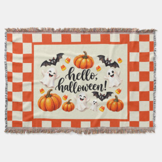 Hello Halloween Ghosts Bats Pumpkins Checkered Fle Throw Blanket