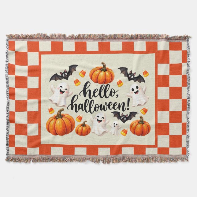 Hello Halloween Ghosts Bats Pumpkins Checkered Fle Throw Blanket (Front)