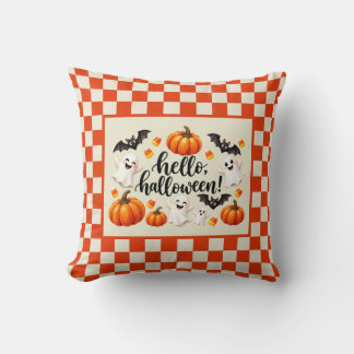 Hello Halloween Ghosts Bats Pumpkins Checkered Fle Throw Pillow