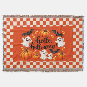 Hello Halloween Ghosts & Pumpkins Checkered Throw Blanket