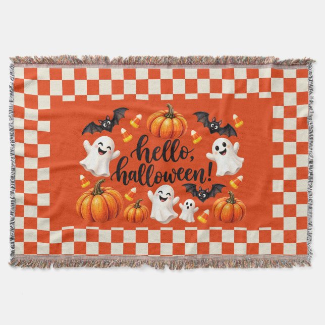 Hello Halloween Ghosts & Pumpkins Checkered Throw  Blanket (Front)