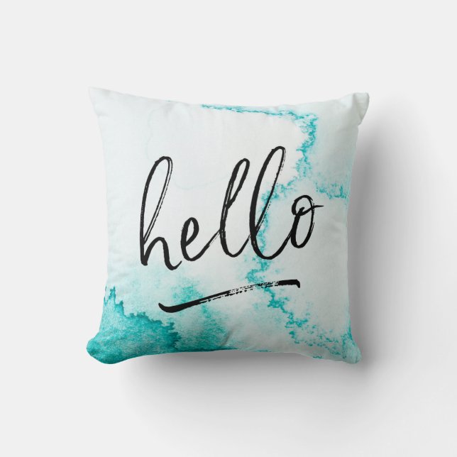 hello hand-lettered turquoise watercolour pillow (Front)