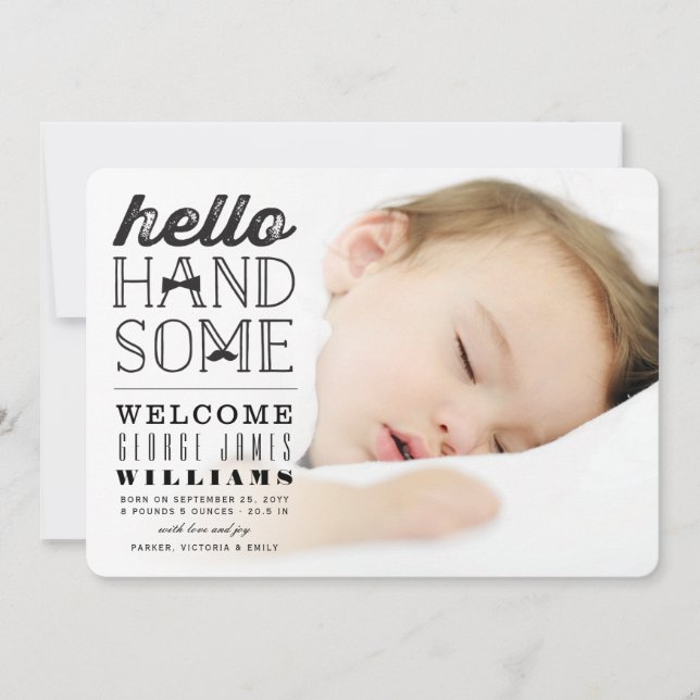 Hello Handsome Baby Boy Photo Birth Announcement (Front)