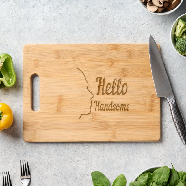 Hello Handsome Profile Face Typography Wood Engraved Cutting Board (Kitchen Counter)