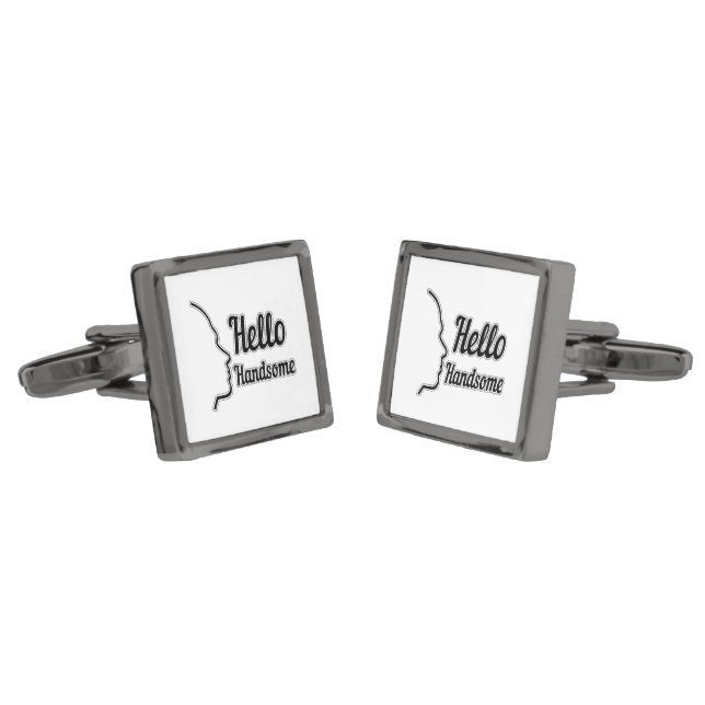 Hello Handsome Typography and Face Profile Outline Cufflinks (Angled)