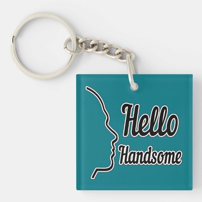 Hello Handsome Typography and Face Profile Outline Keychain (Front)