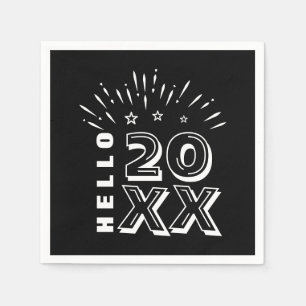 Hello Happy New Year Fireworks Black White Stars Napkins