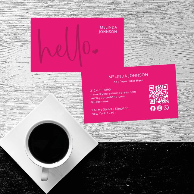 Hello Heart Hot Pink Script QR Code Social Media Business Card (Creator Uploaded)