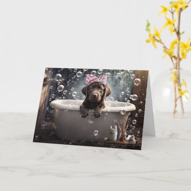Hello Hi Cute Chocolate Lab Puppy in a Bath Card (Yellow Flower)