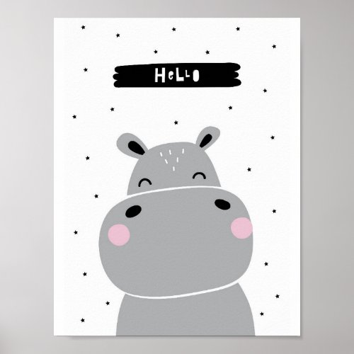 Hello Hippo  Scandinavian Nursery Poster
