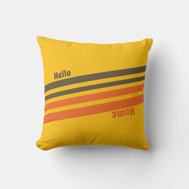 Hello Home Retro Stripes Yellow Brown Red Throw Pillow (Front)